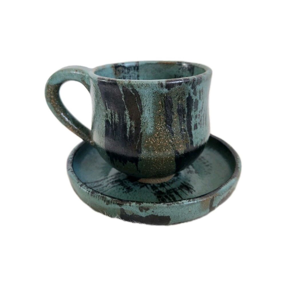 Handmade Rustic Pottery Coffee Tea Mug Saucer Blue Green Black Ceramic 13.5oz